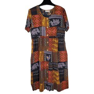 Go Softly Safari House Dress Midi Button-Front Animal Patchwork Giraffe Elephant